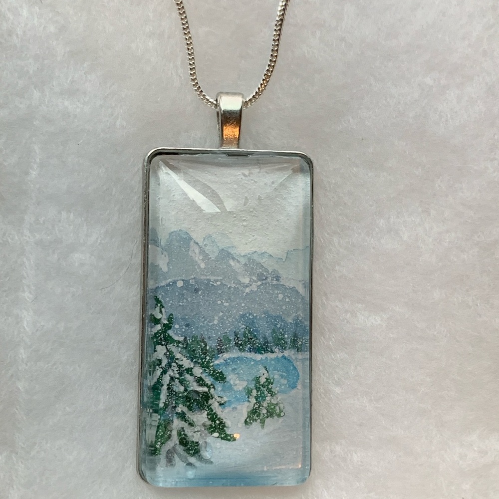 Original Watercolor Scenic Mountain Pendant Necklace